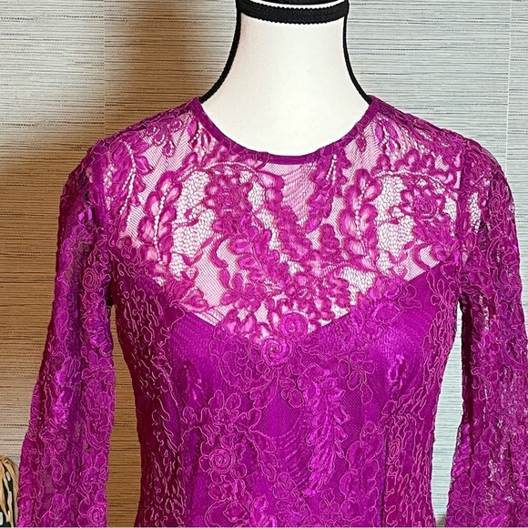 Carmen Marc Valvo Botanical Berry Pink Sheath Dress 10 Lace 3/4 Sleeve Cocktail - Picture 3 of 9
